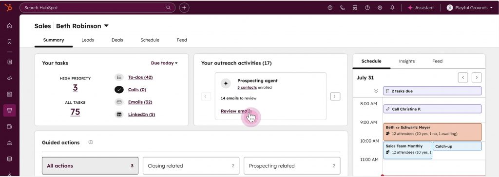 HubSpot CRM dashboard in 2026 showing filtered tasks, outreach activities, and schedule.