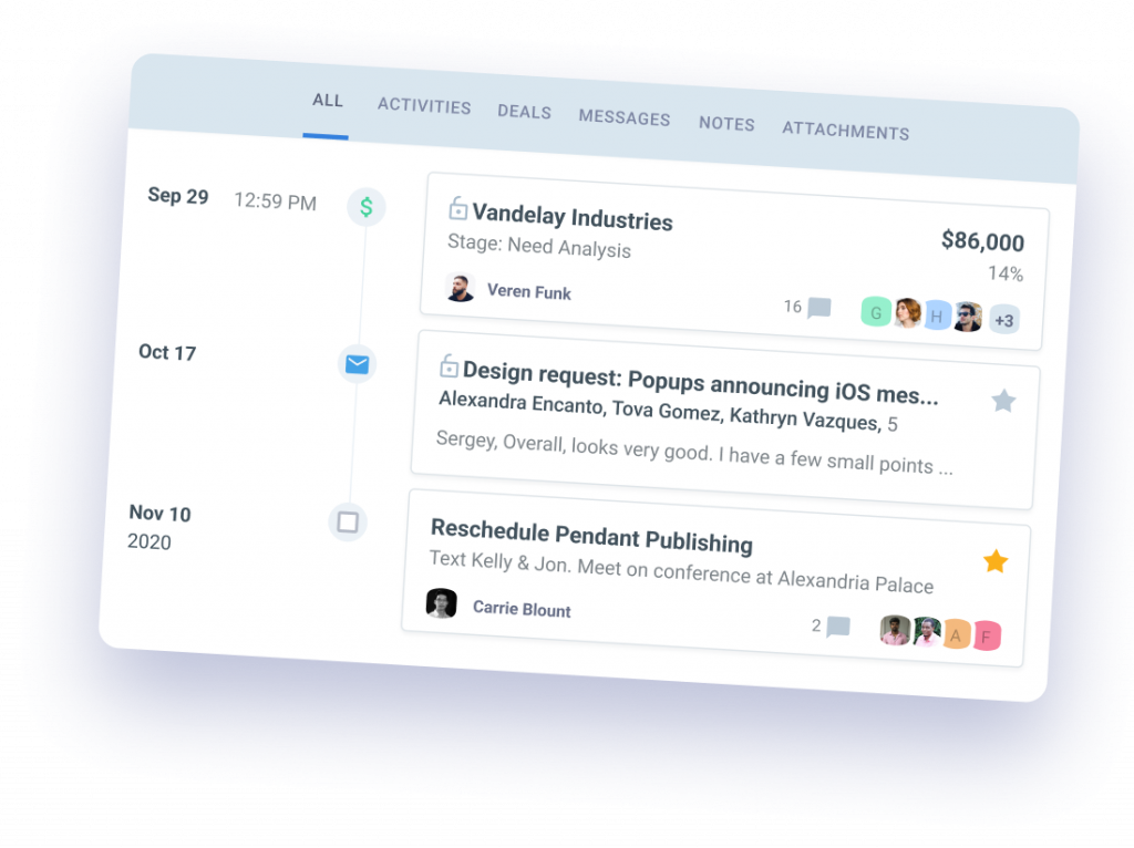 CRM activity feed showing recent customer interactions, including deal updates, messages, and tasks, organized by date for clear relationship tracking.