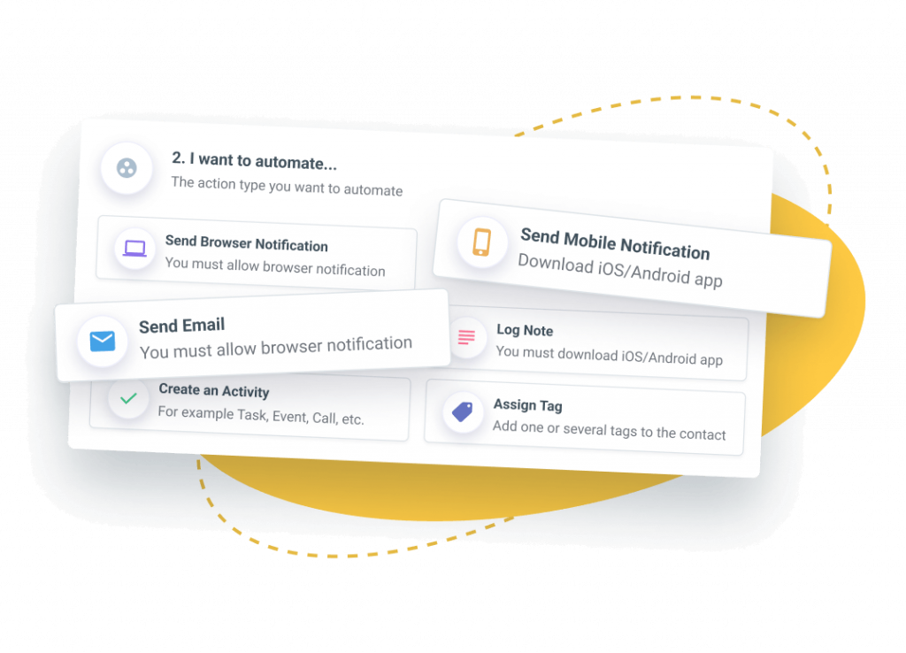 Nimble CRM automation interface showing workflow actions such as sending email notifications, creating activities, assigning tags, and logging notes