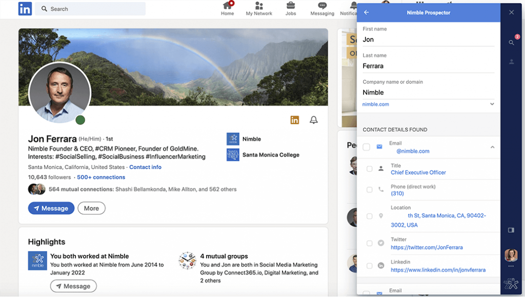 Nimble Prospector enriching a LinkedIn profile with verified contact details, company data, and outreach-ready information directly inside the Nimble CRM