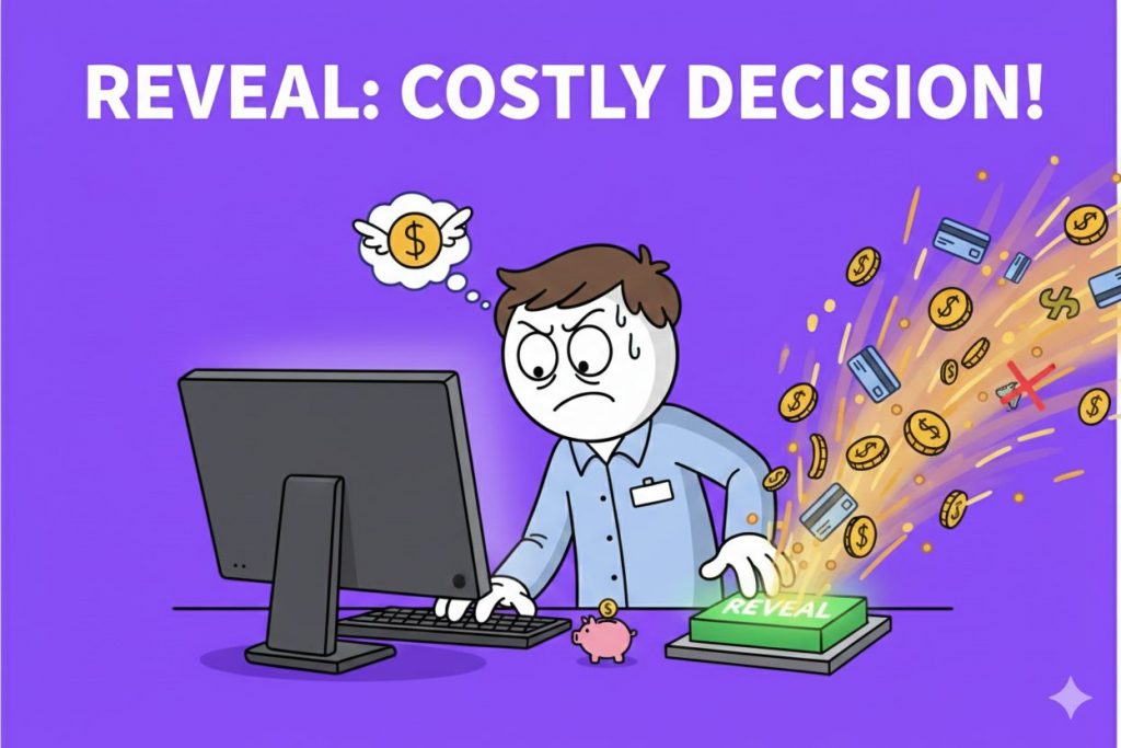 Illustration of a frustrated sales rep pressing a reveal button that costs money, representing enrichment anxiety in credit-based tools.