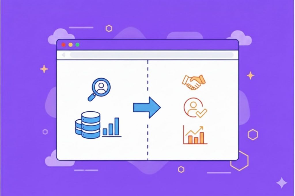 Graphic showing how a Lusha alternative unified CRM moves from simple data search to relationship growth.