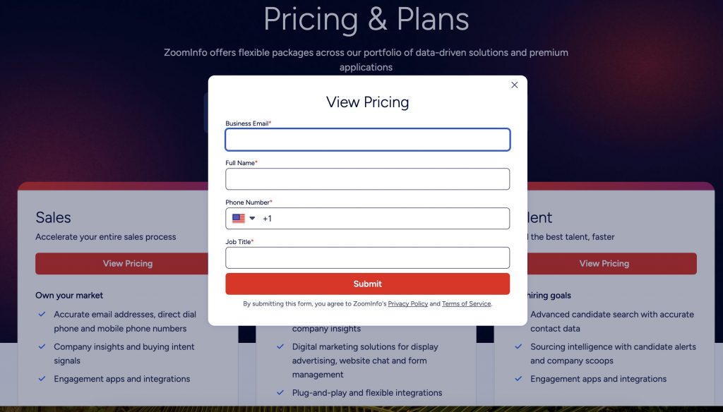 ZoomInfo pricing page showing gated pricing behind a request demo form