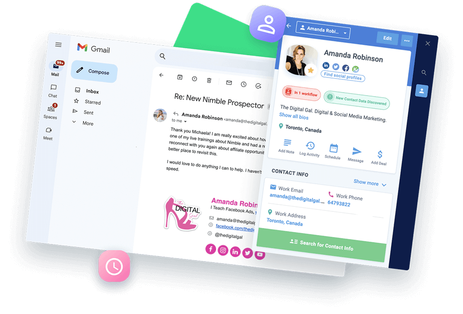 Nimble Prospector CRM Showing Contact Enrichment and Relationship Management in Gmail