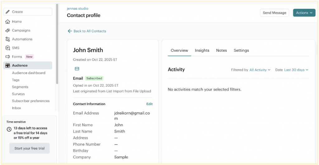 A view of Mailchimp’s marketing-centric contact record, lacking unified sales and communication context.