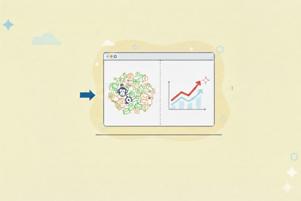 An abstract 16:9 blog header graphic featuring a modern web browser interface. On the left, a clean dashboard layout transitions into a vibrant, stylized upward-climbing growth chart on the right, symbolizing the unification of email marketing and CRM workflows. The design uses a professional blue and tech-focused color palette with no text.