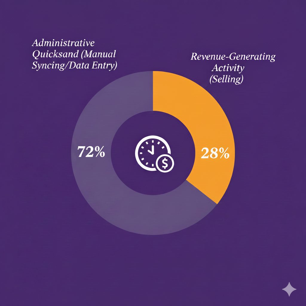 Pie chart showing that sales reps spend 72% of their time on administrative quicksand and only 28% on revenue-generating activity.