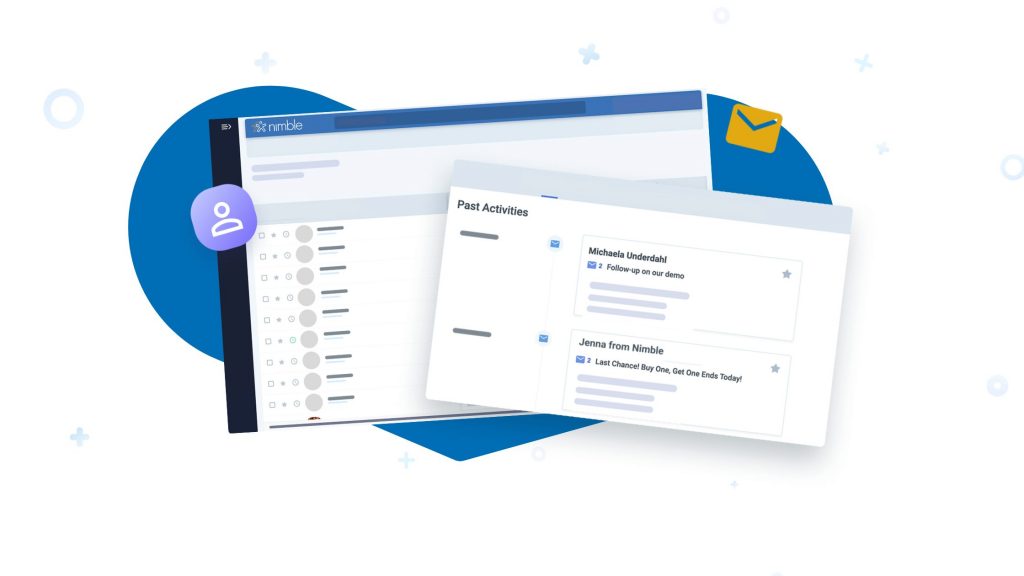 A CRM interface showing a unified contact record with integrated email marketing campaigns, standard email history, and sales pipeline tracking.