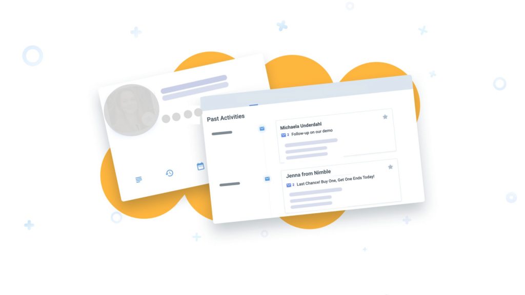 A contact record wireframe showing combined sales history and marketing messages within an integrated CRM and email marketing system.