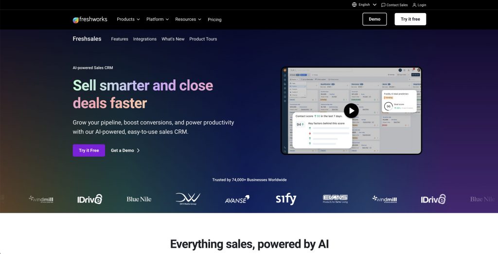 Freshsales by Freshworks homepage highlighting its unified sales and customer support CRM platform
