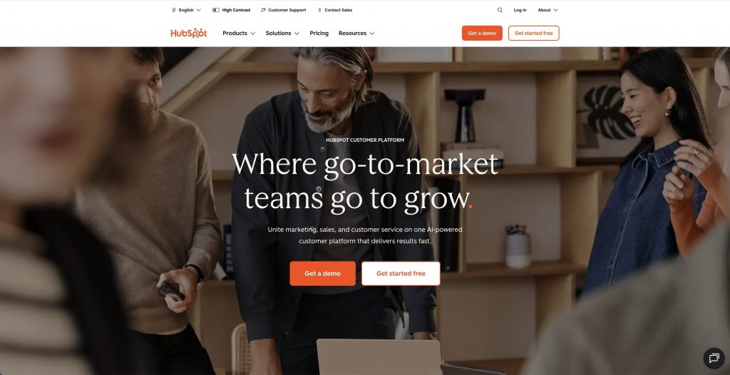 HubSpot CRM homepage showcasing its all-in-one marketing sales and service platform