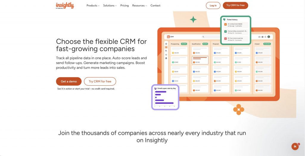 Insightly CRM homepage showcasing its combined sales pipeline and project management solution