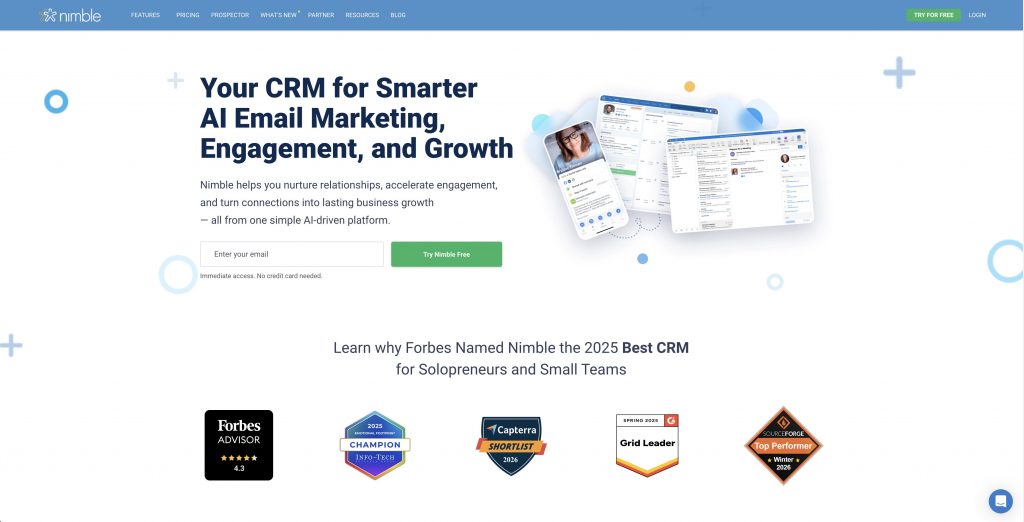 Nimble CRM main dashboard showing contact management and relationship tracking features