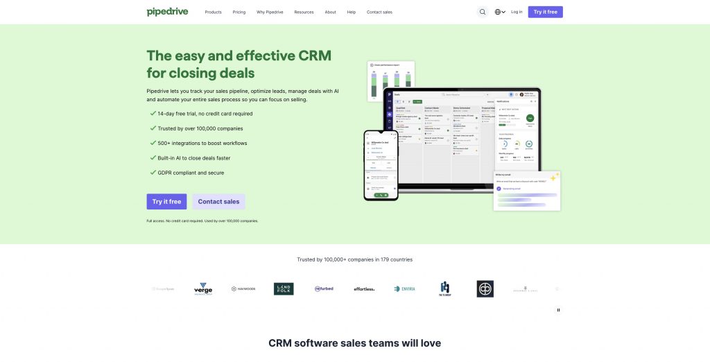 Pipedrive CRM homepage highlighting its visual sales pipeline and deal tracking software