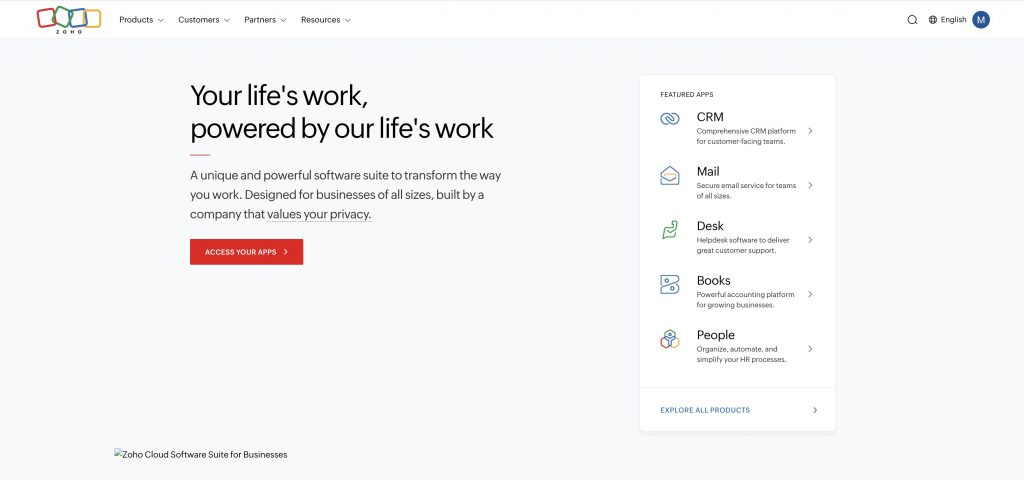 Zoho CRM homepage showcasing its comprehensive and budget-friendly sales automation platform