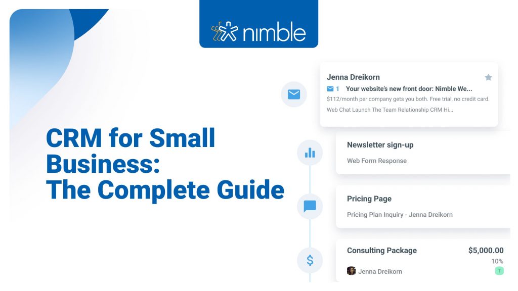 CRM for Small Business: The Complete Guide — featuring Nimble's contact timeline showing email activity, web form submission, pricing page visit, and deal tracking in one place