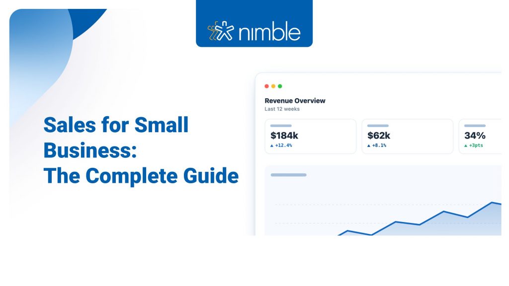 Sales for Small Business: The Complete Guide — featuring Nimble's revenue overview dashboard showing pipeline performance over 12 weeks