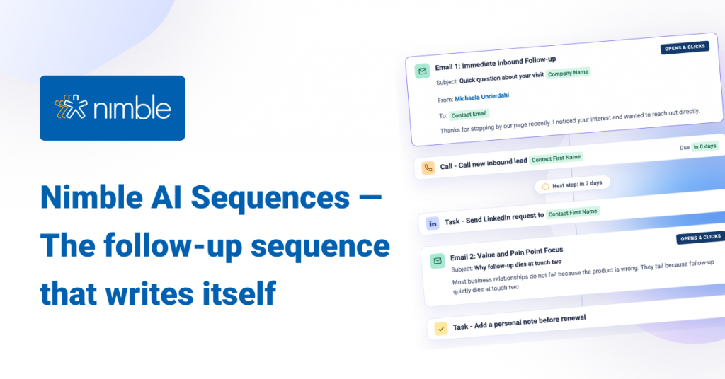 Nimble AI Sequences dashboard showing an automated follow-up sequence with email, call, and LinkedIn tasks