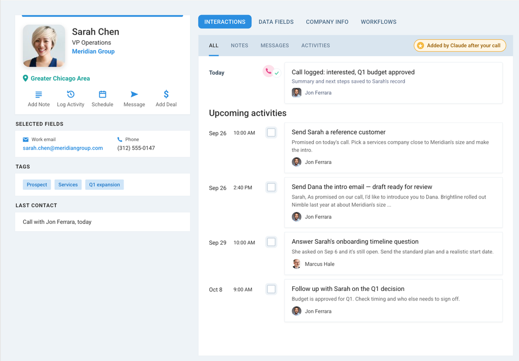 A Claude chat. The user writes "I'm meeting Sarah Chen in 30 minutes. Brief me." After searching Nimble and the web, Claude replies with a short briefing: who Sarah is and how they met, the history with the team, an onboarding question she asked 18 days ago that no one answered, and a recent article where she was quoted.
